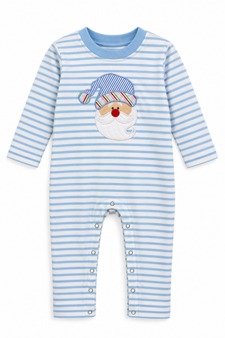 Applique Santa Boy's Shirt Light Blue White Stripes