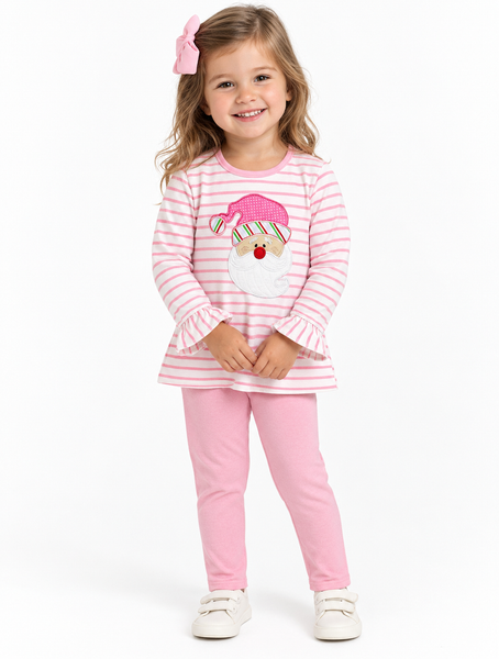 Applique Santa Girl's Pants Set Pink/White Stripes