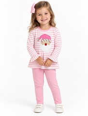 Applique Santa Girl's Pants Set Pink/White Stripes