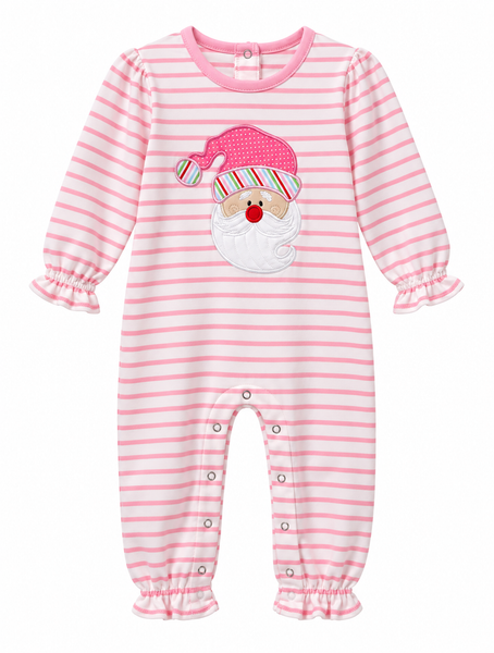Christmas Santa Applique Baby Girl Romper Pink/White Stripes