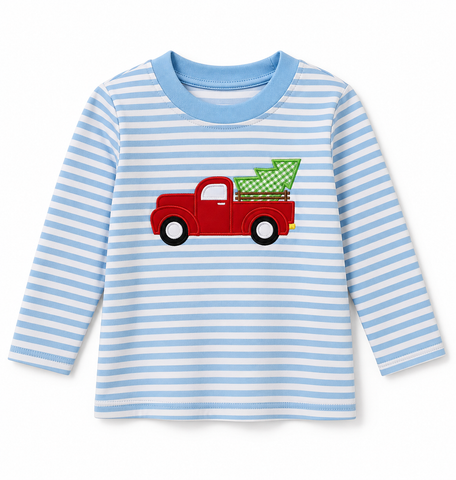 Applique Santa Boy's Shirt Light Blue White Stripes