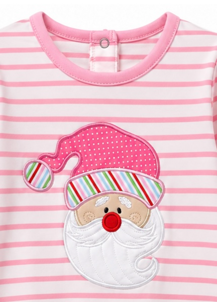 Christmas Santa Applique Baby Girl Romper Pink/White Stripes