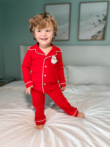 Santa Applique Christmas Boy's Button Up Loungewear
